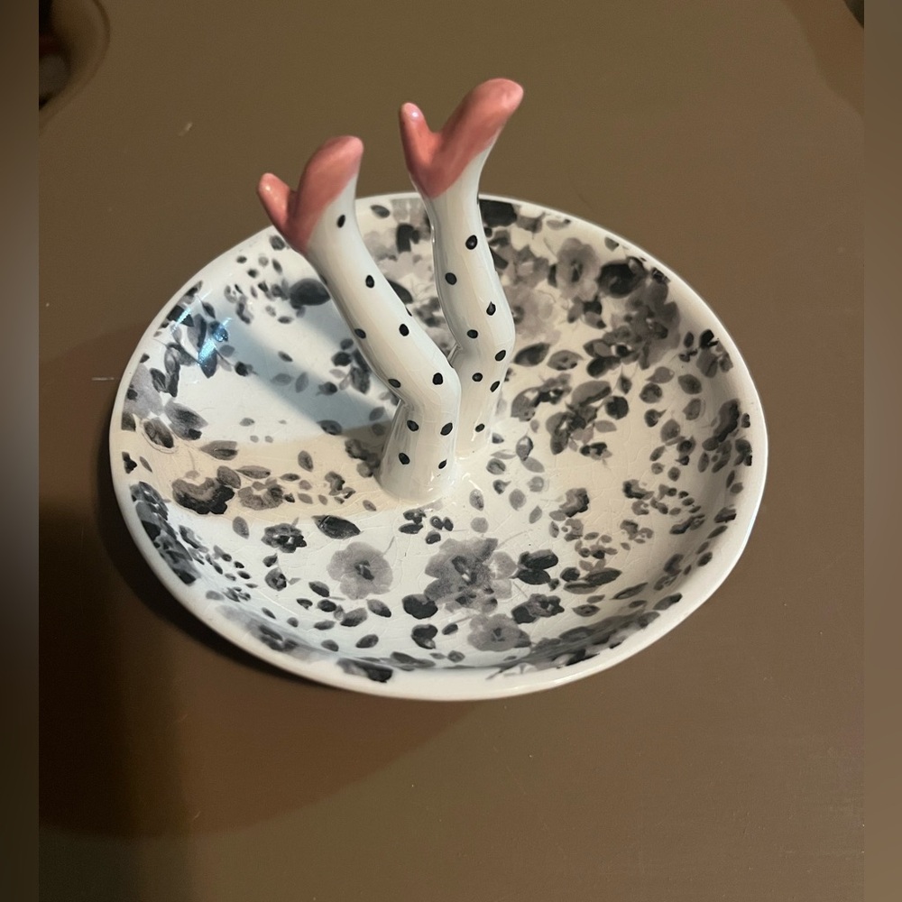 Ceramic Black & White Floral 5”Round Ring Dish with Pink Accent